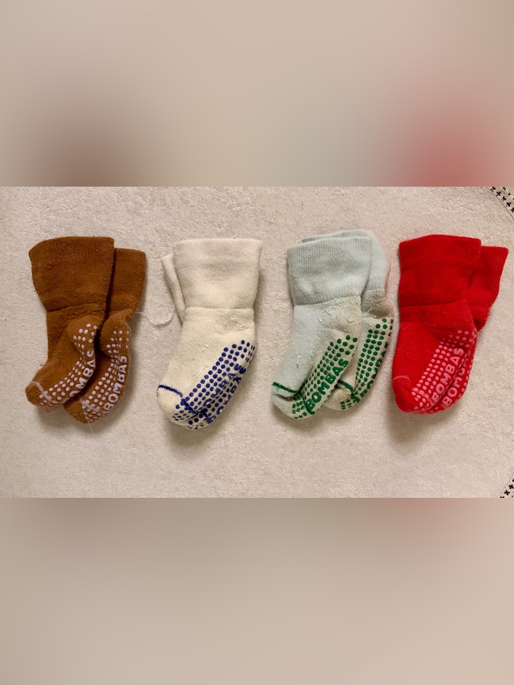 Bombas Baby Non-Slip Socks in Brown, White, Light Blue, and Red